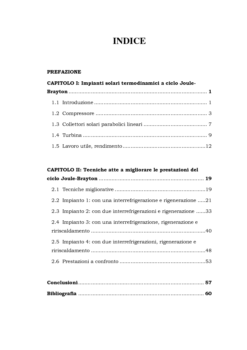 Indice della tesi: Analisi delle prestazioni di impianti solari termodinamici a ciclo Joule-Brayton, Pagina 1