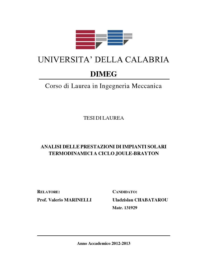 Anteprima della tesi: Analisi delle prestazioni di impianti solari termodinamici a ciclo Joule-Brayton, Pagina 1
