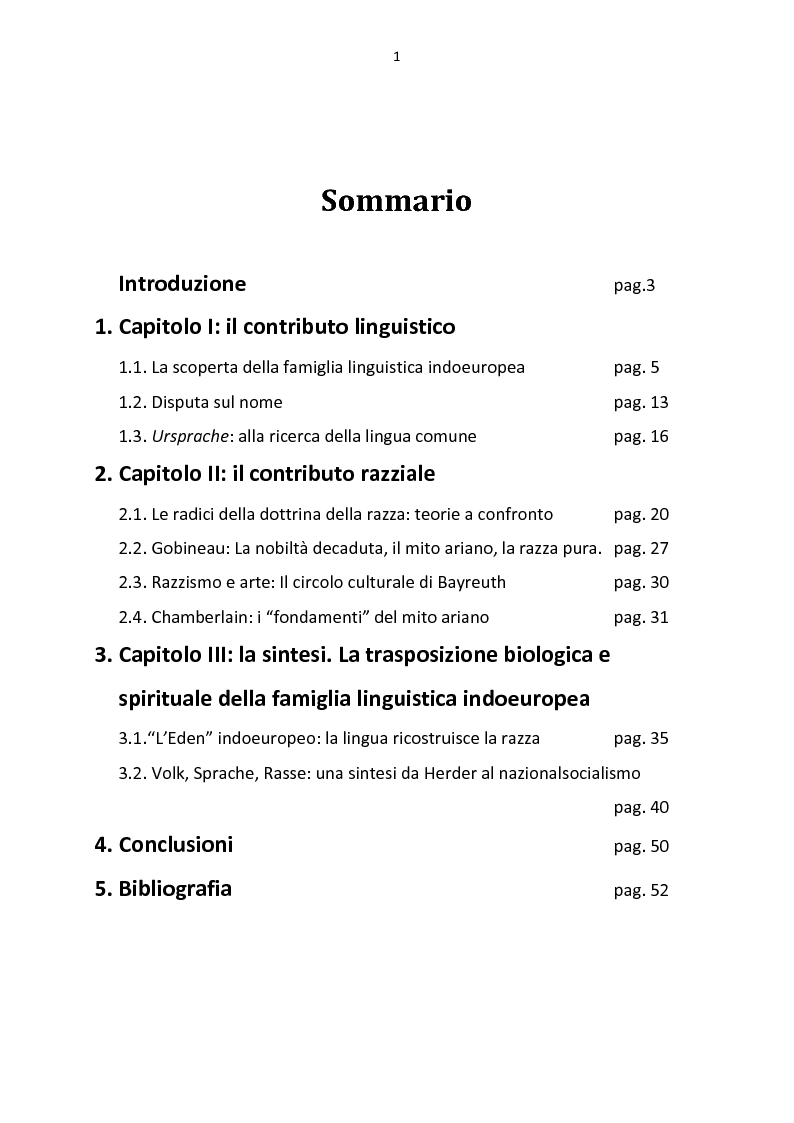 Indice della tesi: Costruzioni della "razza" attraverso la lingua: dal Volksgeist al nazionalsocialismo, Pagina 1
