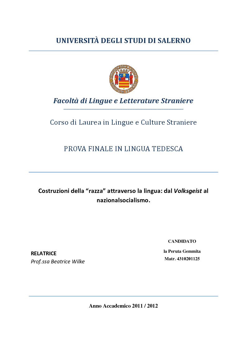 Anteprima della tesi: Costruzioni della "razza" attraverso la lingua: dal Volksgeist al nazionalsocialismo, Pagina 1