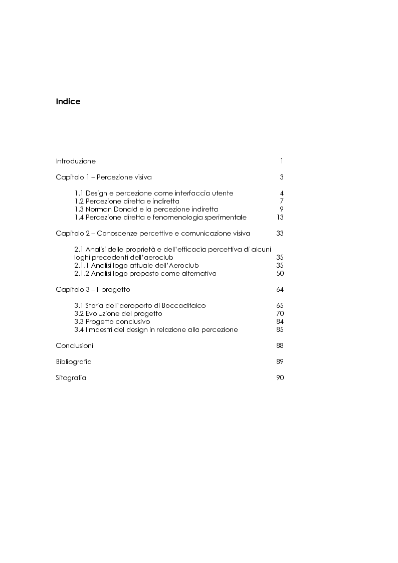 Indice della tesi: Progetto per l'aeroclub Beppe Albanese - Psicologia della percezione applicata e comunicazione visiva, Pagina 1