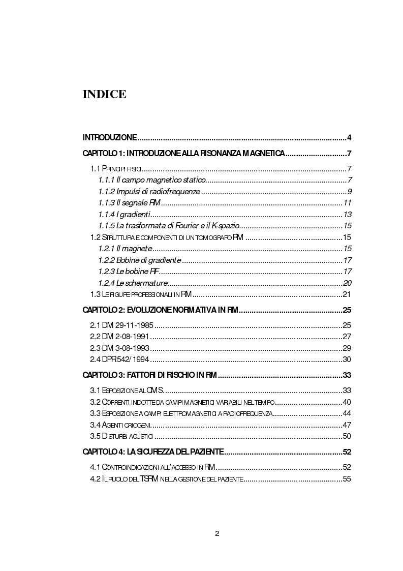 Indice della tesi: Evoluzione delle tematiche di sicurezza e delle normative in risonanza magnetica, Pagina 1