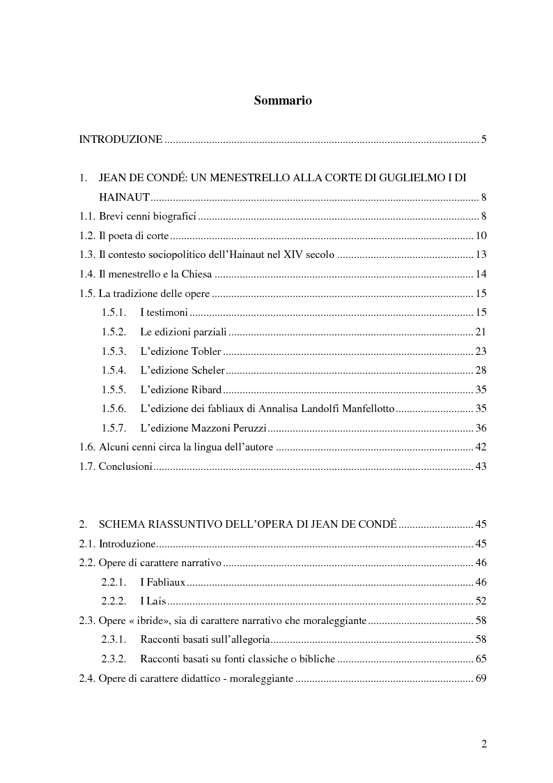 Indice della tesi: Jean de Condé: un menestrello alla corte di Guglielmo I di Hainaut, Pagina 1