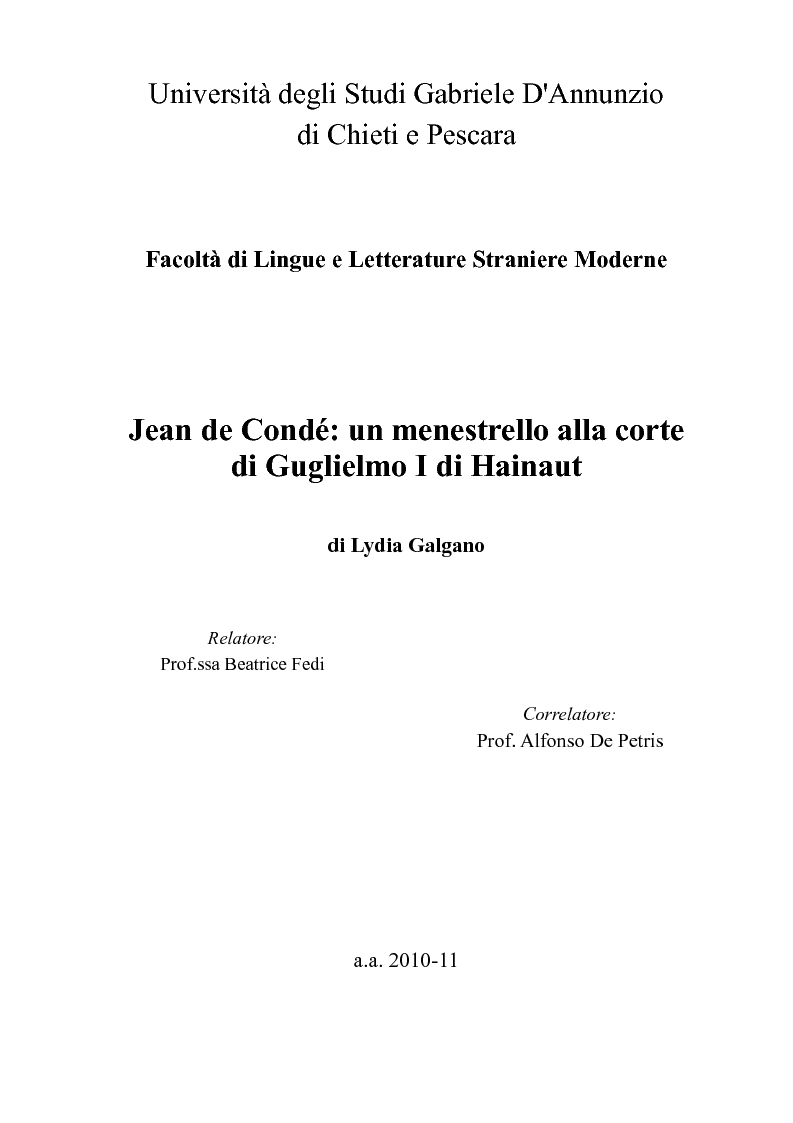 Anteprima della tesi: Jean de Condé: un menestrello alla corte di Guglielmo I di Hainaut, Pagina 1
