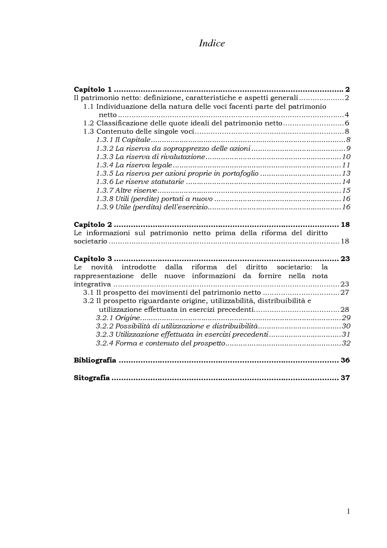 Indice della tesi: Il patrimonio netto nell’informativa di bilancio. Normativa civilistica e principi contabili nazionali, Pagina 1