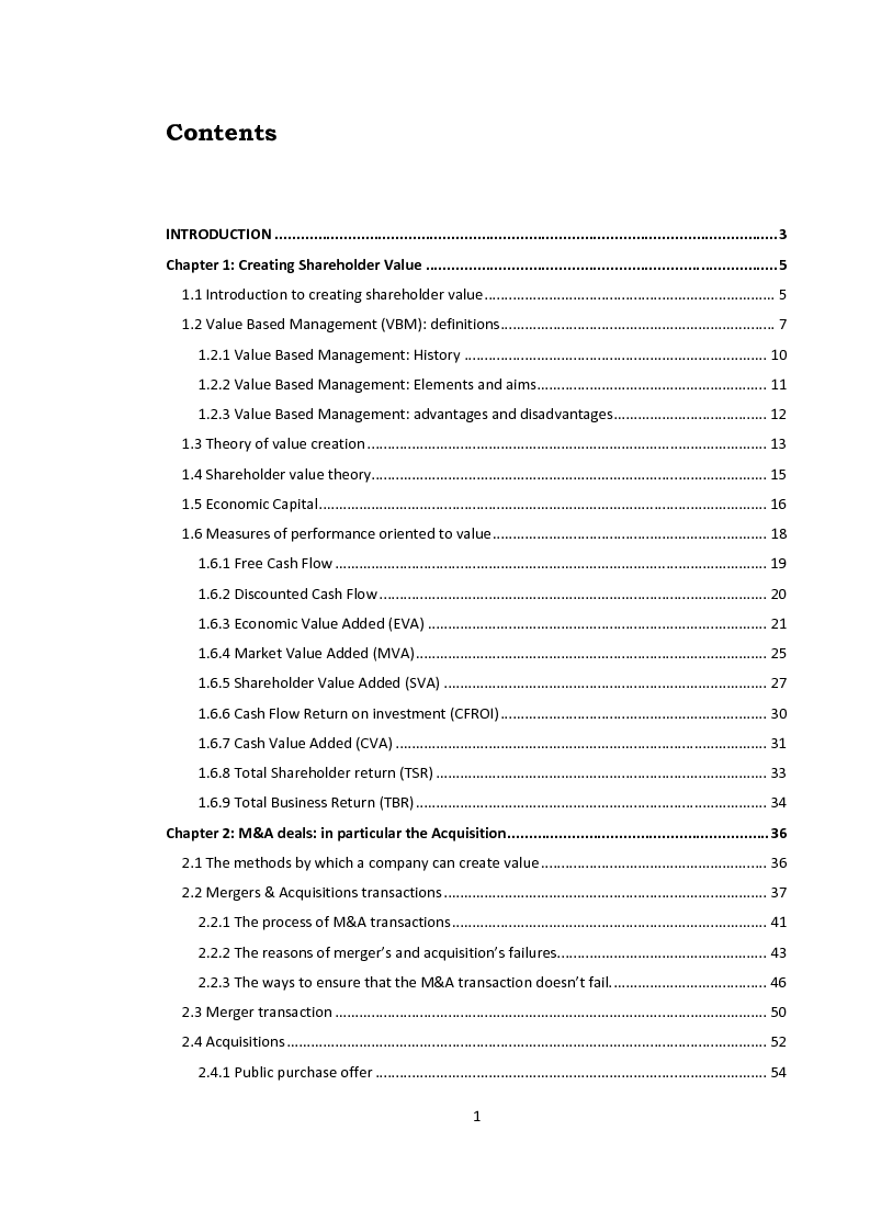 Indice della tesi: Creating Shareholder Value. The Case Carrefour Group, Pagina 1
