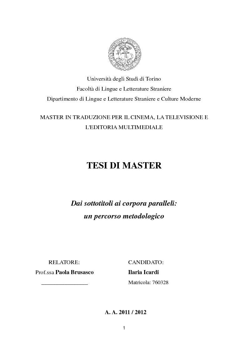 Anteprima della tesi: Dai sottotitoli ai corpora paralleli: un percorso metodologico, Pagina 1