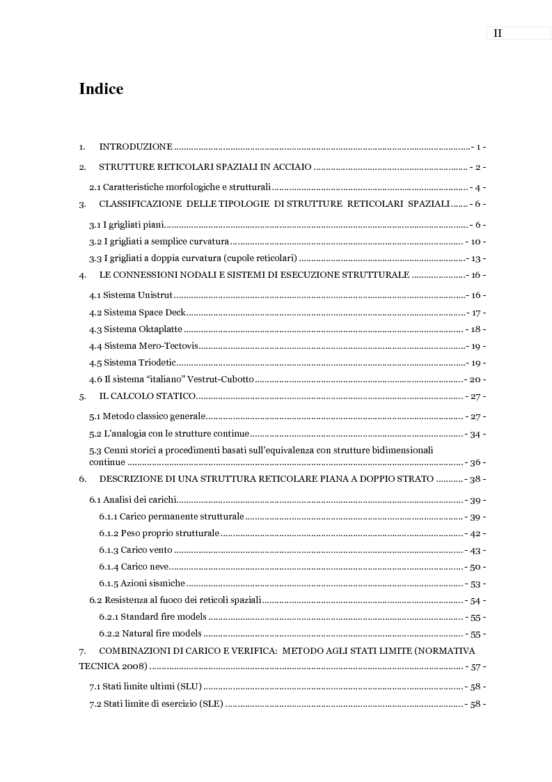 Indice della tesi: Strutture reticolari spaziali in acciaio: tipologie, metodi di calcolo ed esempi applicativi, Pagina 1