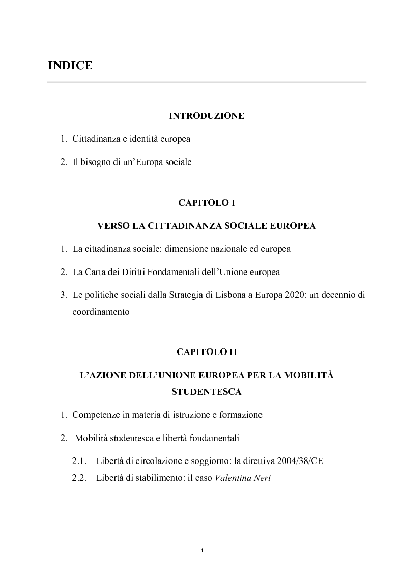 Indice della tesi: Cittadinanza sociale europea e mobilità studentesca, Pagina 1