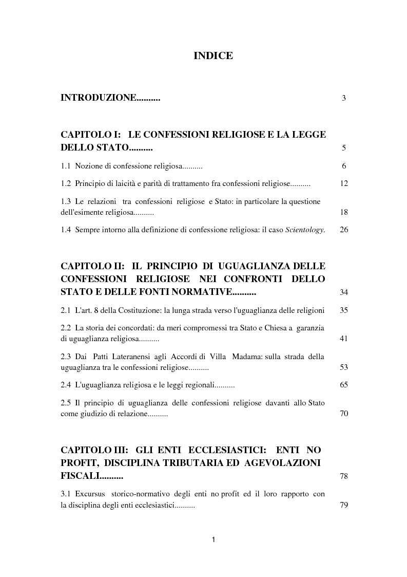 Indice della tesi: I rapporti giuridici tra le confessioni religiose e lo Stato italiano, Pagina 1