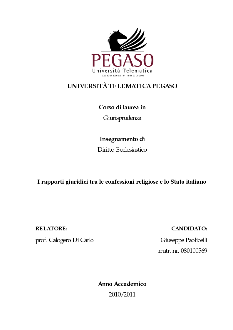 Anteprima della tesi: I rapporti giuridici tra le confessioni religiose e lo Stato italiano, Pagina 1