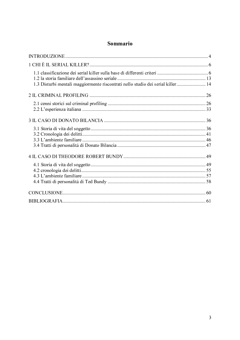 Indice della tesi: Il Criminal Profiling del Serial Killer, Pagina 1