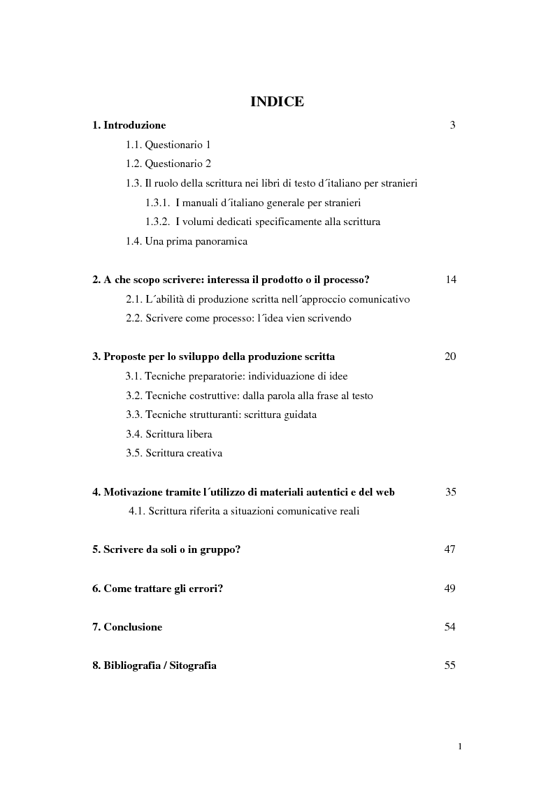 Indice della tesi: Scrivere è creare - Tecniche per lo sviluppo della produzione scritta, Pagina 1