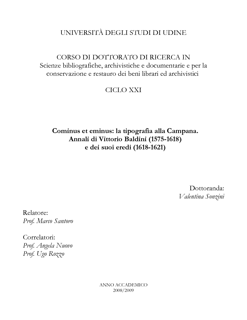 Anteprima della tesi: Cominus et eminus: la tipografia alla Campana. Annali di Vittorio Baldini (1575-1618) e dei suoi eredi (1618-1621), Pagina 1
