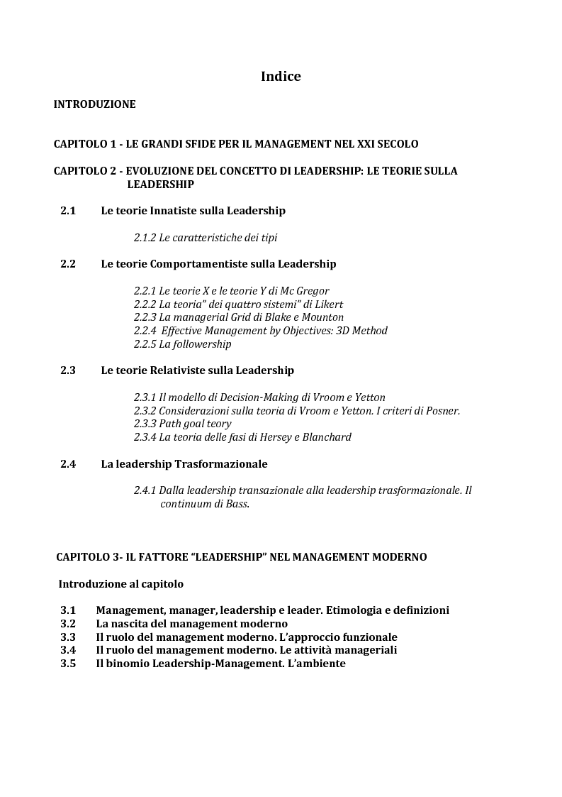 Indice della tesi: Il ruolo della leadership nel management moderno e le metodologie di formazione della leadership, Pagina 1