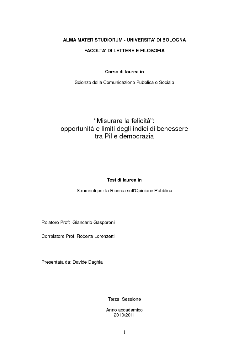 Anteprima della tesi: "Misurare la felicità": opportunità e limiti degli indici di benessere tra Pil e democrazia, Pagina 1