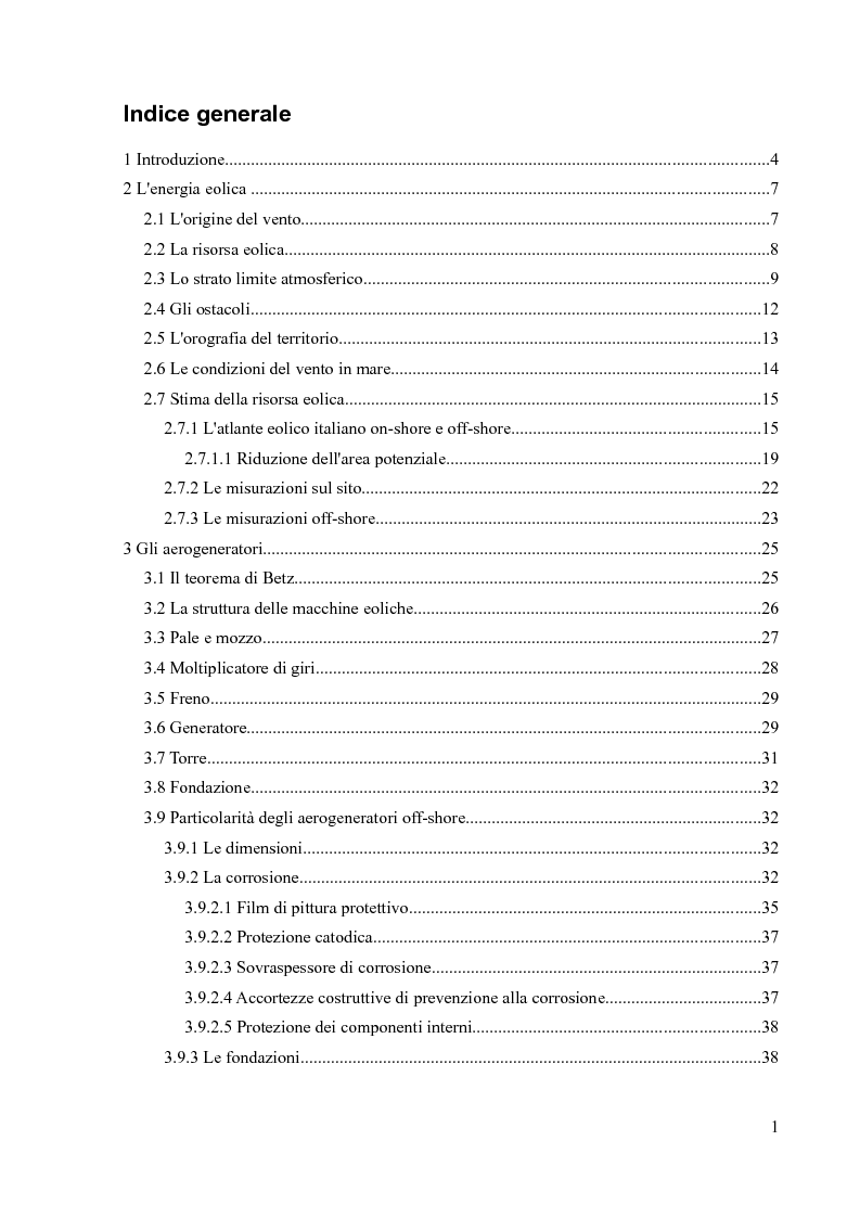 Indice della tesi: Confronto tecnico economico tra impianti eolici off-shore e on-shore, Pagina 1