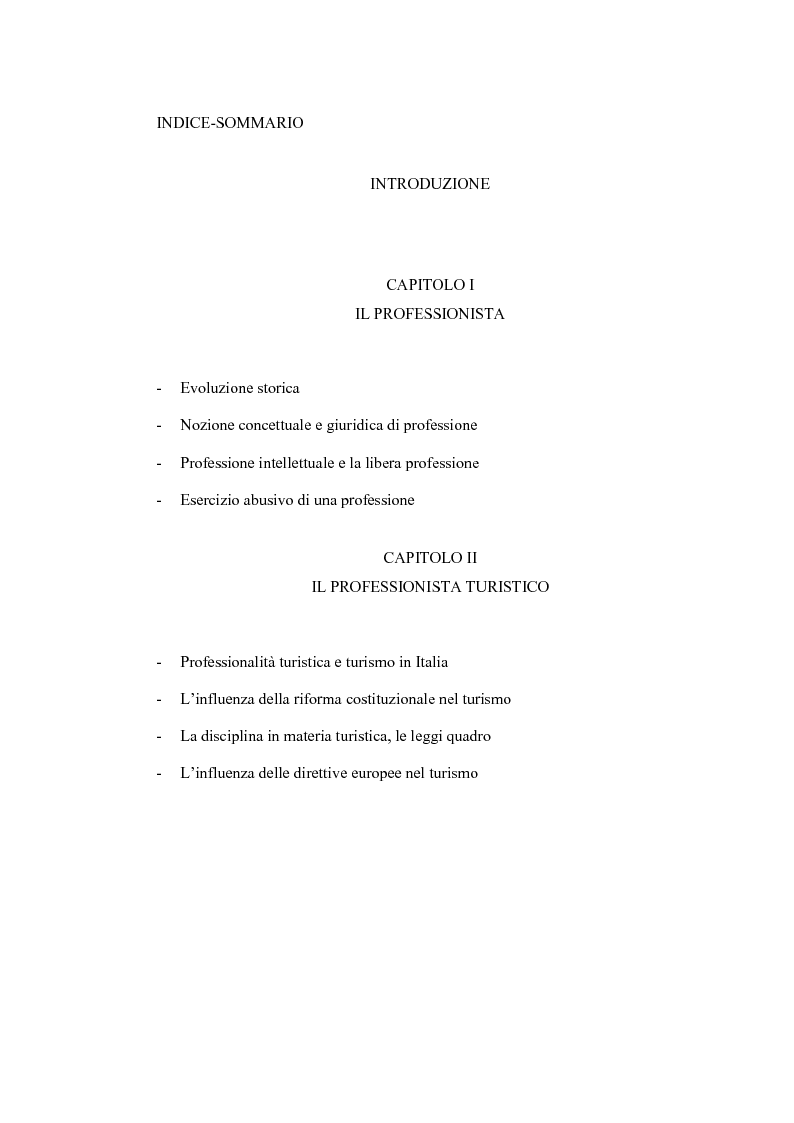 Indice della tesi: L'evoluzione della figura del professionista nel turismo, con particolare riguardo alla figura del promoter turistico, Pagina 1