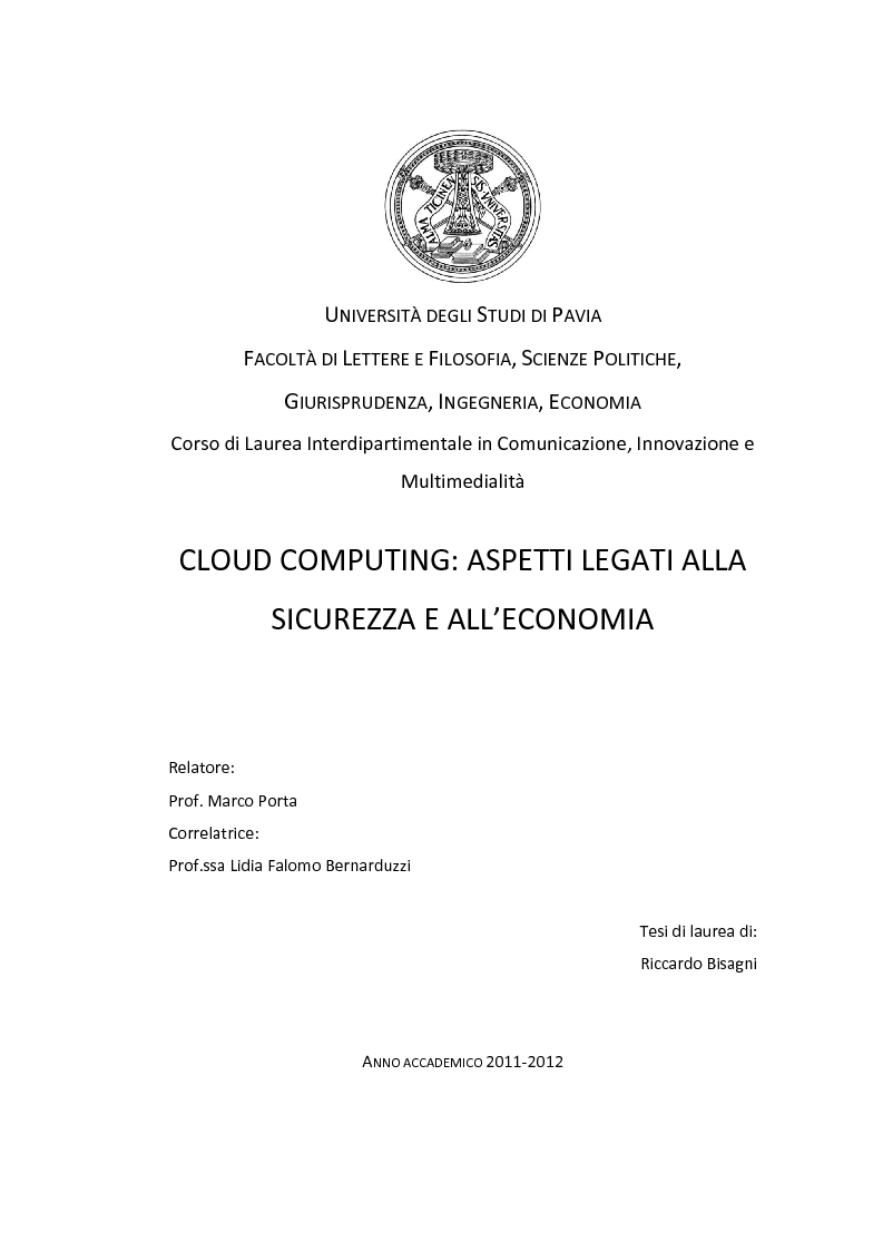 Anteprima della tesi: Cloud Computing: aspetti legati alla sicurezza e all'economia, Pagina 1
