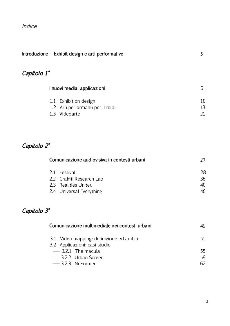 Indice della tesi: Il video mapping - nuovi strumenti per l'exhibit design, Pagina 1