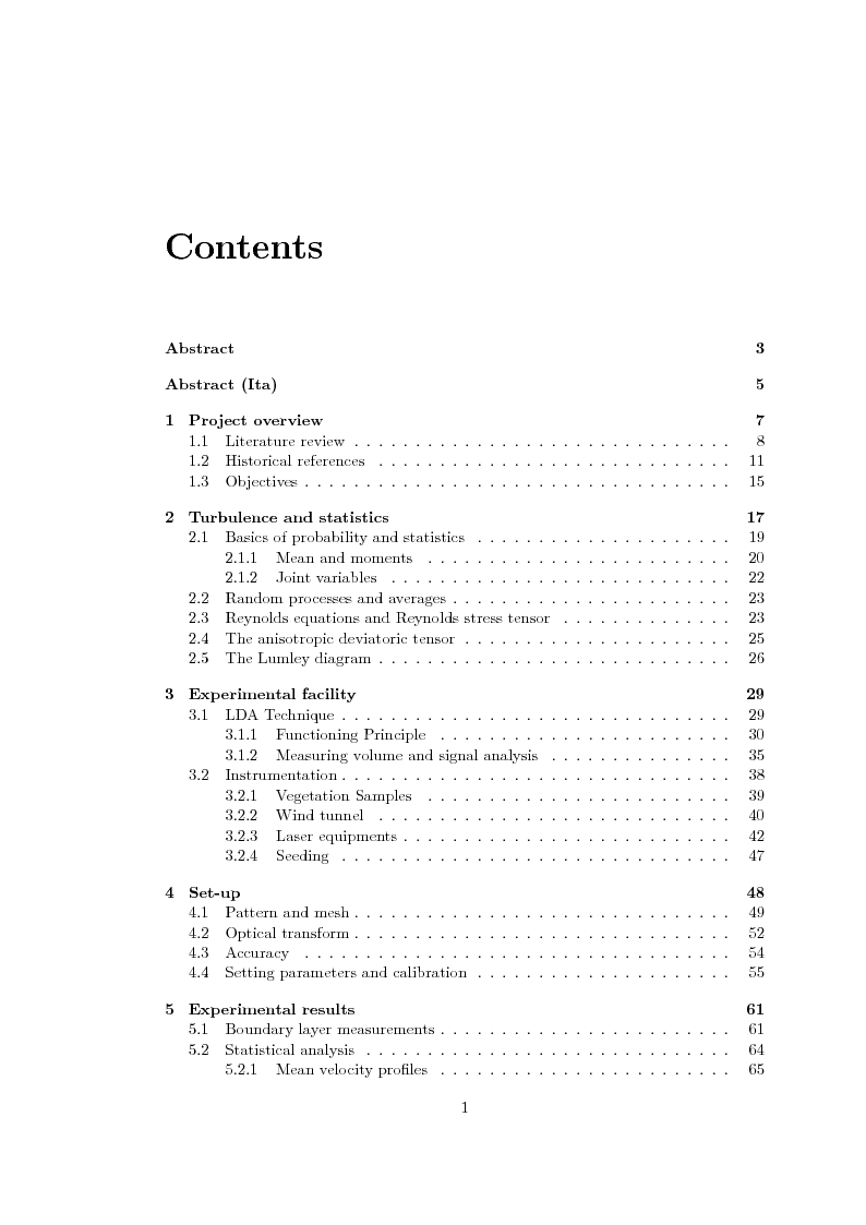 Indice della tesi: Experimental Study on Turbulent Canopy Flow by means of Laser Doppler Anemometry, Pagina 1