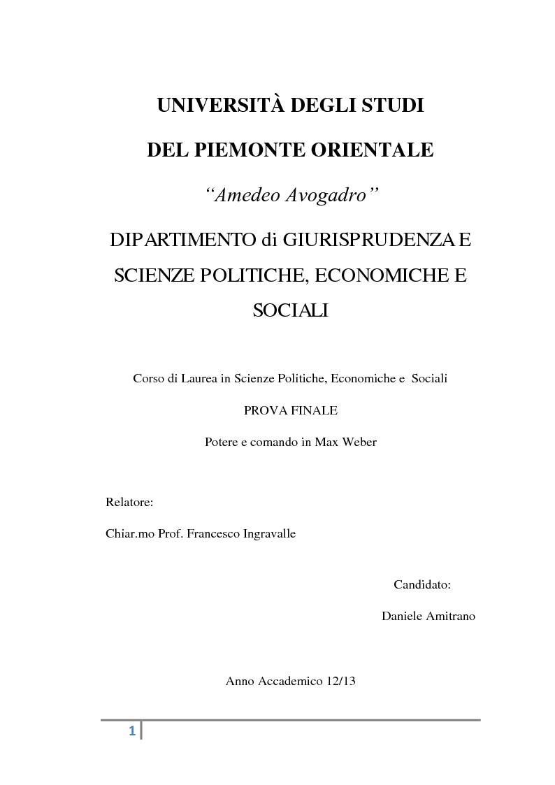Anteprima della tesi: Potere e comando in Max Weber, Pagina 1