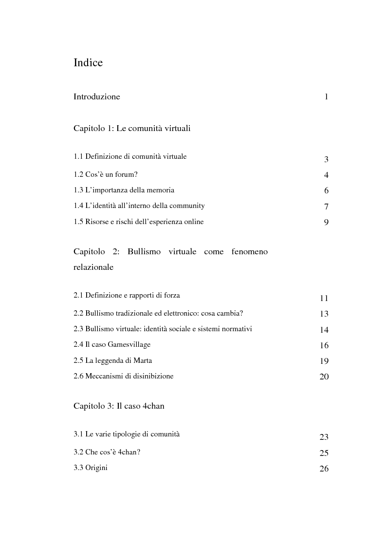 Indice della tesi: Comunità virtuali e bullismo, Pagina 1