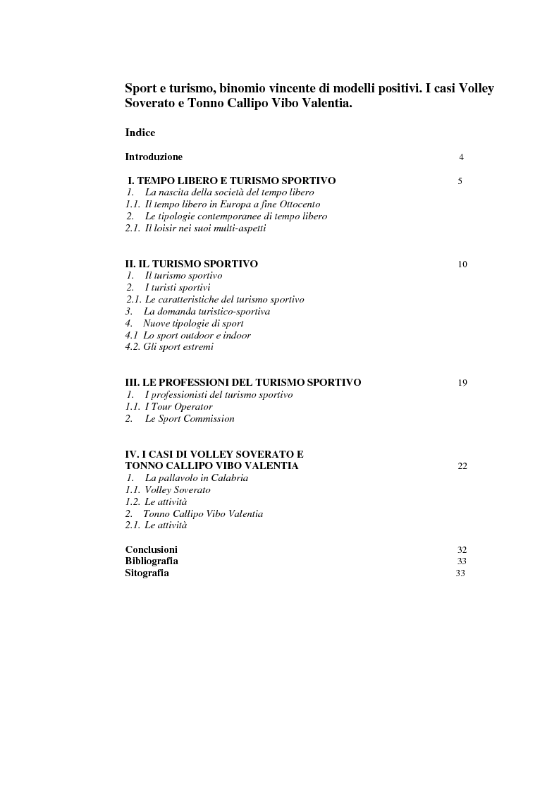 Indice della tesi: Sport e turismo, binomio vincente di modelli positivi. I casi Volley Soverato e Tonno Callipo Vibo Valentia, Pagina 1