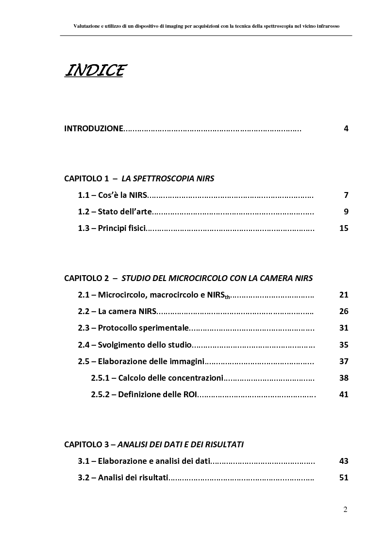 Indice della tesi: Valutazione e utilizzo di un dispositivo di imaging per acquisizioni con la tecnica della spettroscopia nel vicino infrarosso, Pagina 1