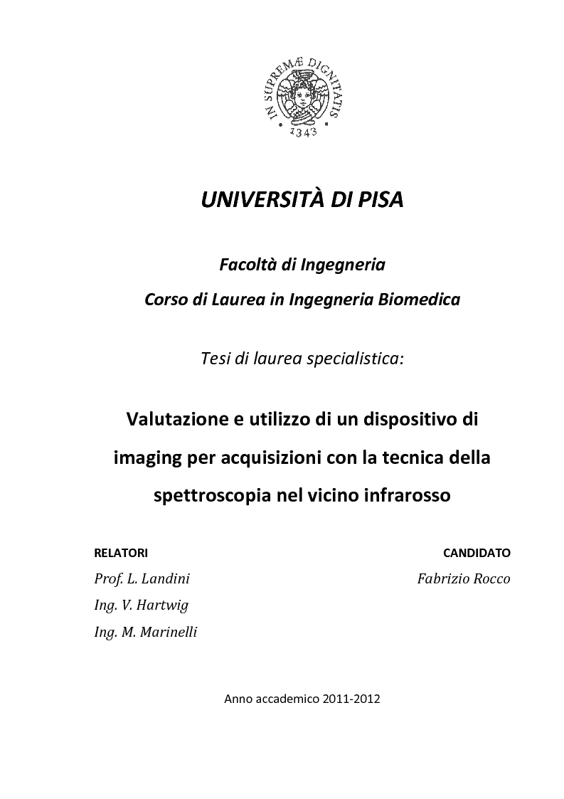 Anteprima della tesi: Valutazione e utilizzo di un dispositivo di imaging per acquisizioni con la tecnica della spettroscopia nel vicino infrarosso, Pagina 1