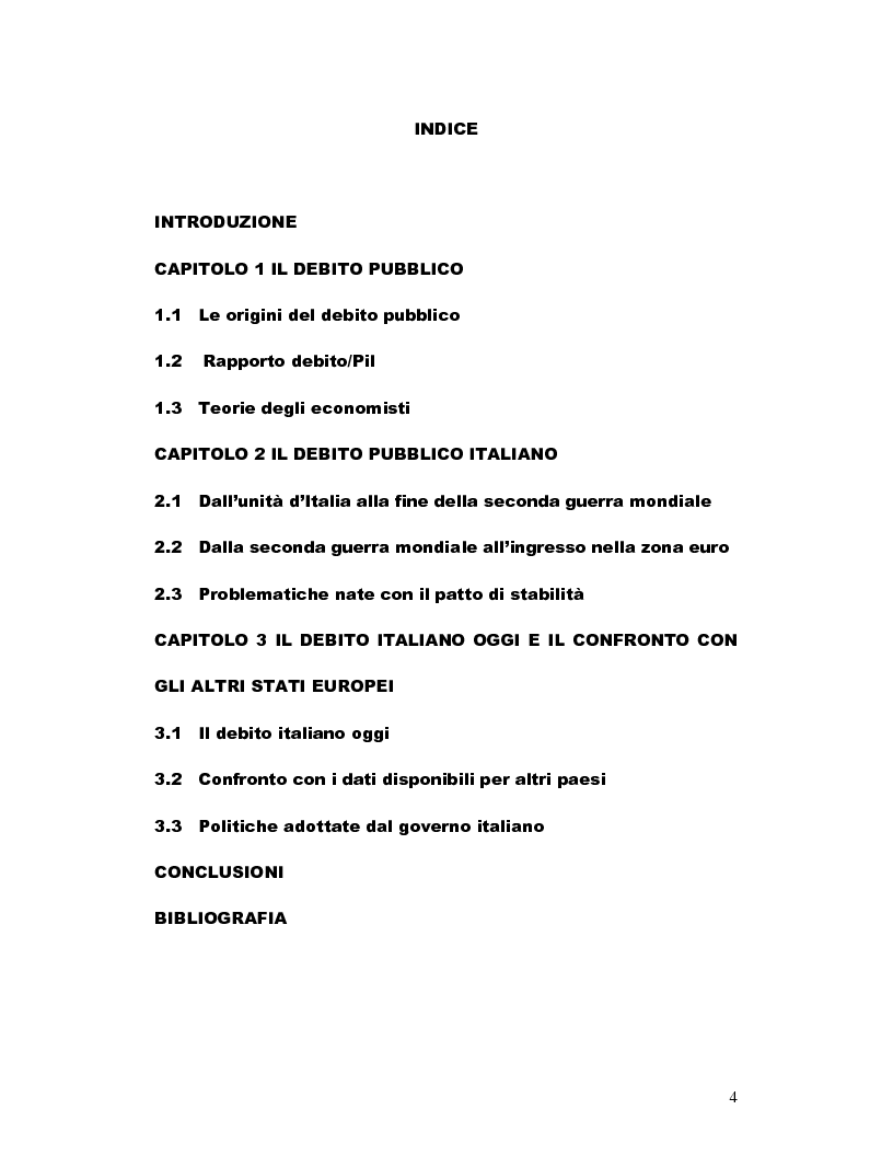 Indice della tesi: Il debito pubblico italiano: origini, teorie, problematiche ed alternative, Pagina 1