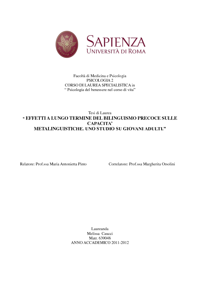 Anteprima della tesi: Effetti a lungo termine del bilinguismo precoce sulle capacità metalinguistiche. Uno studio su giovani adulti, Pagina 1