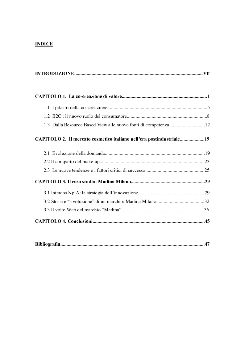 Indice della tesi: La strategia della co-creazione di valore: Intercos e il caso Madina Milano, Pagina 1