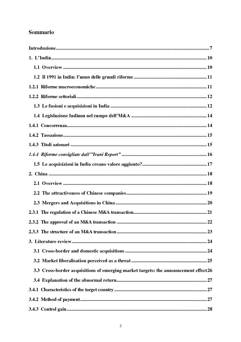 Indice della tesi: Acquisizioni in Cina ed in India: la reazione di breve periodo dei mercati sviluppati, Pagina 1