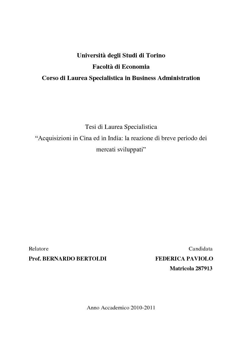 Anteprima della tesi: Acquisizioni in Cina ed in India: la reazione di breve periodo dei mercati sviluppati, Pagina 1