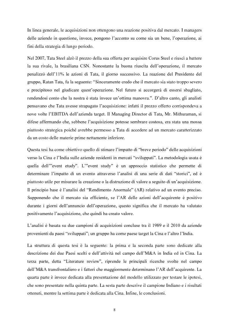 Anteprima della tesi: Acquisizioni in Cina ed in India: la reazione di breve periodo dei mercati sviluppati, Pagina 3