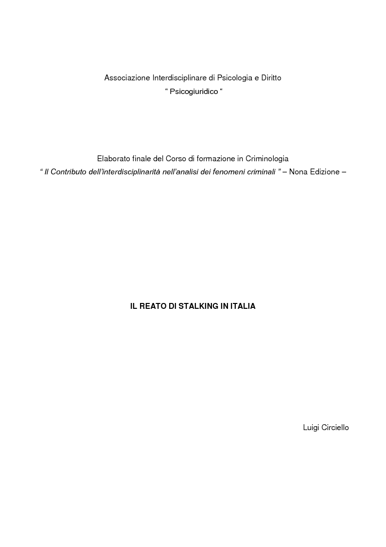 Anteprima della tesi: Il reato di stalking in Italia, Pagina 1