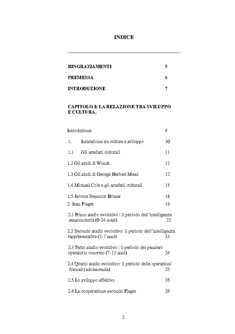 Indice della tesi: Sviluppo del pensiero matematico in bambini della primaria, Pagina 1