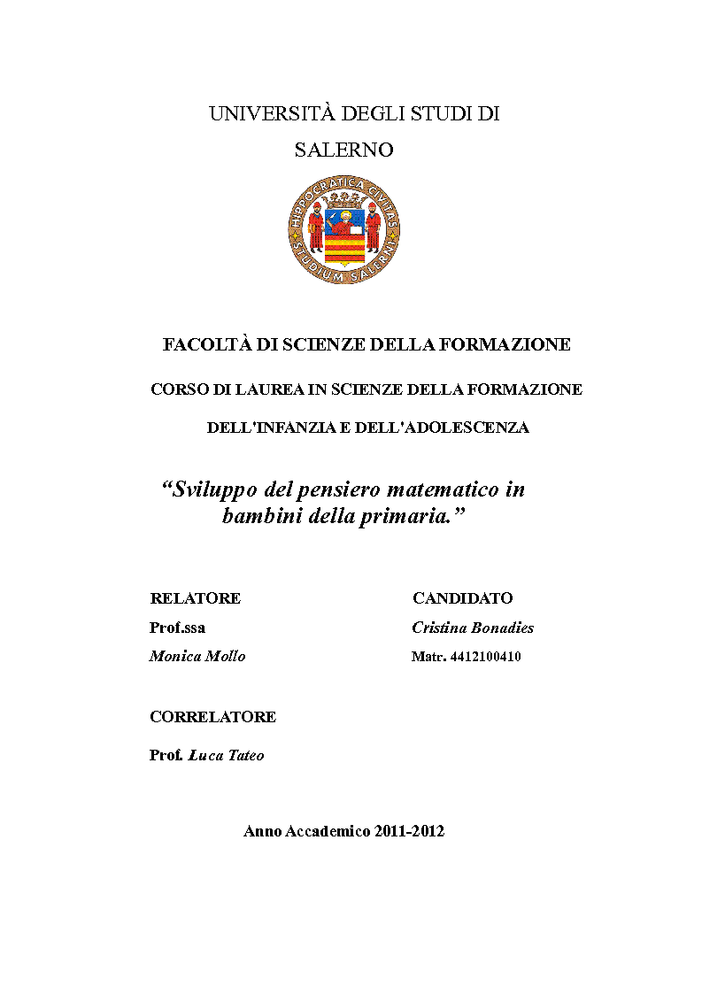 Anteprima della tesi: Sviluppo del pensiero matematico in bambini della primaria, Pagina 1