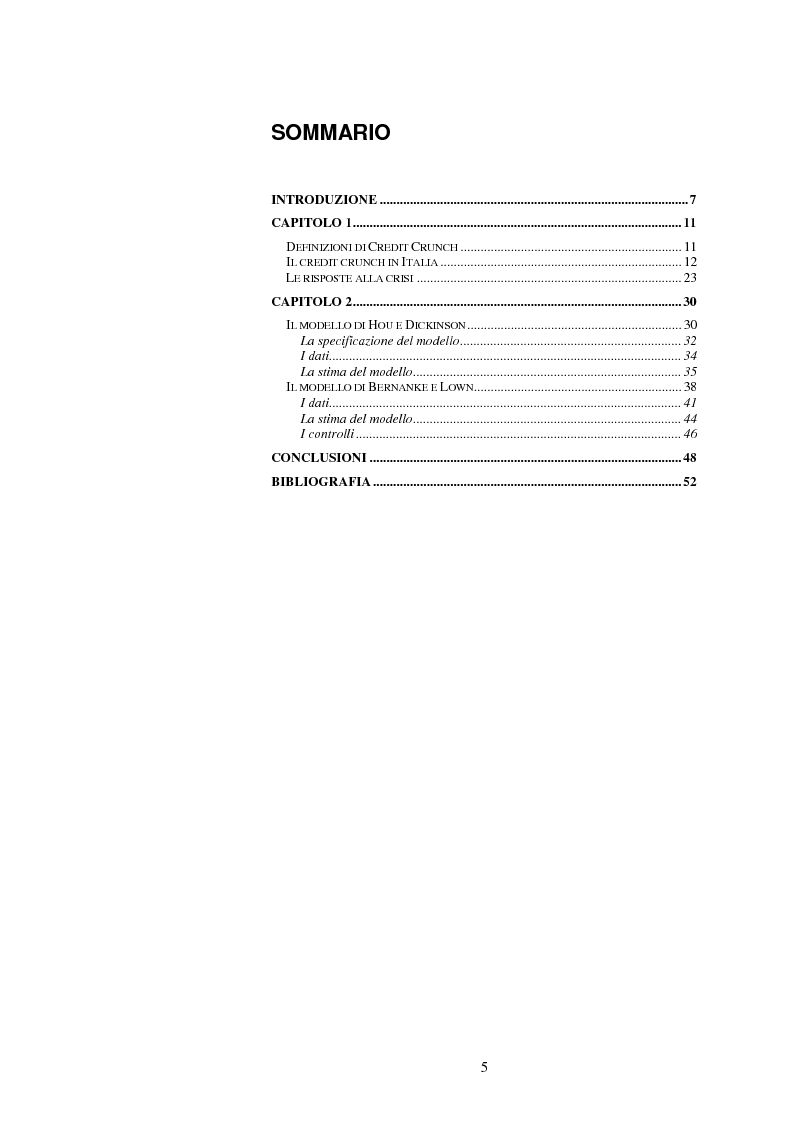 Indice della tesi: Credit Crunch. Analisi empirica: determinanti dell'offerta, Pagina 1