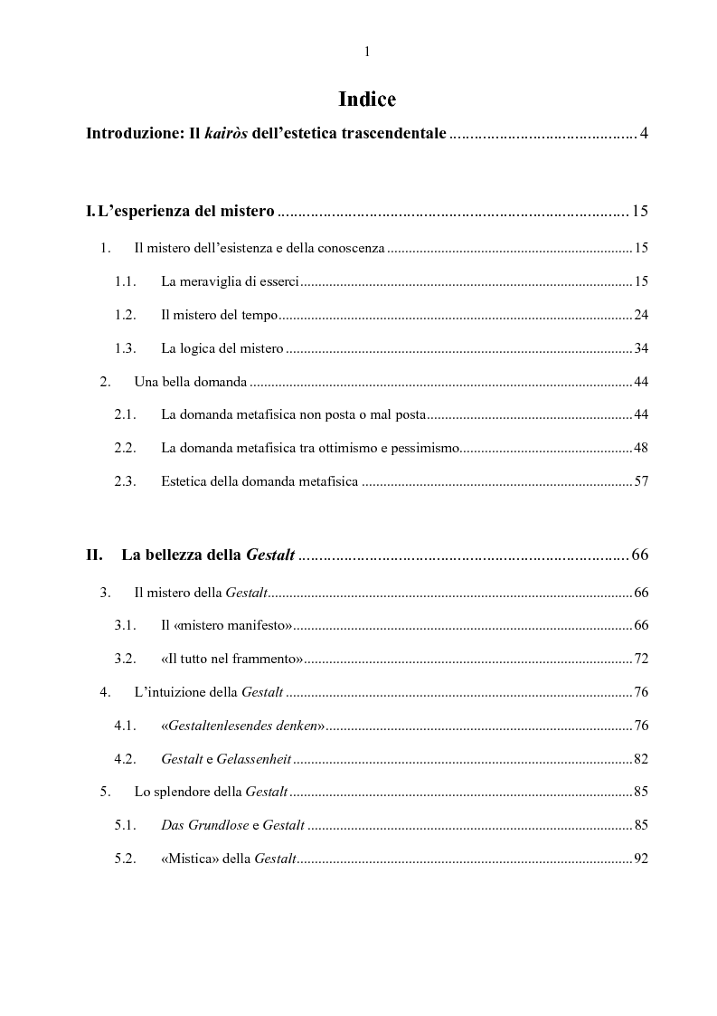 Indice della tesi: Il mistero della bellezza. L'estetica trascendentale di Hans Urs von Balthasar, Pagina 1