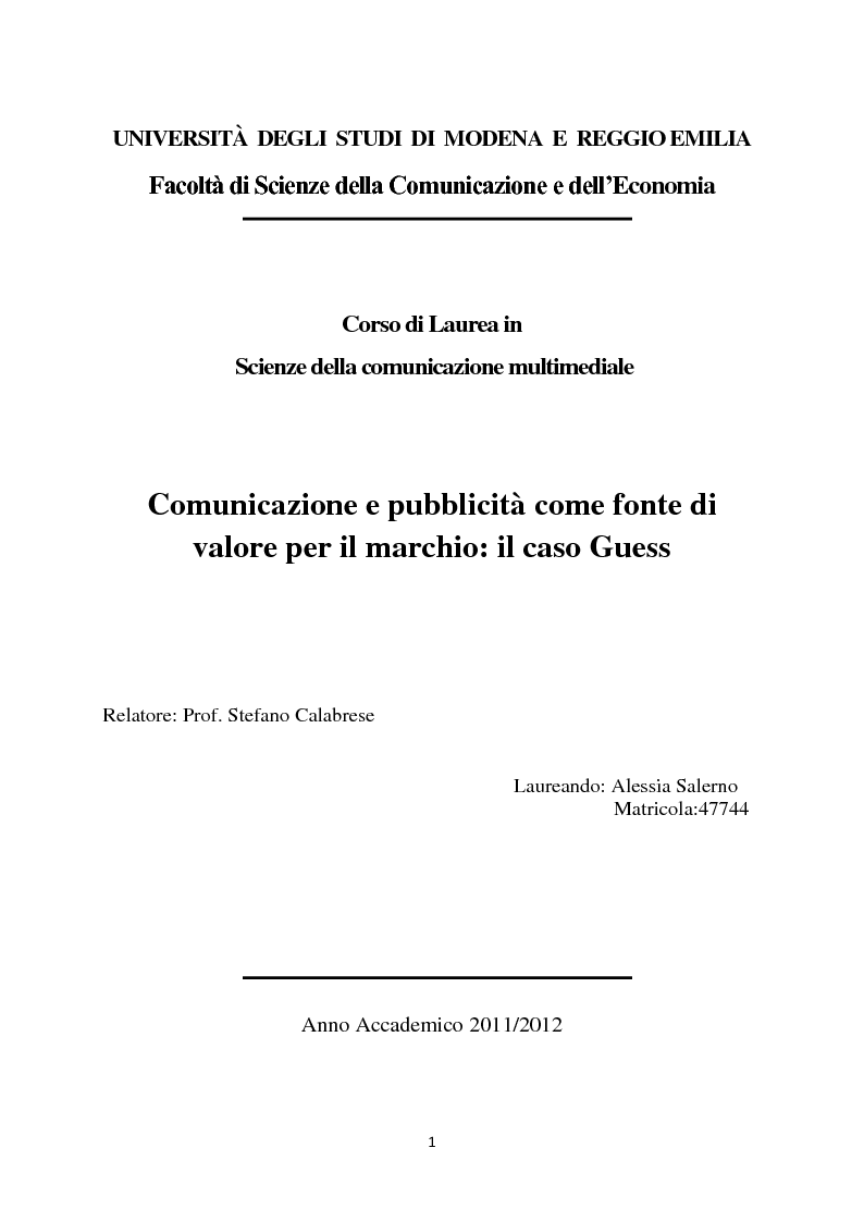Anteprima della tesi: Comunicazione e pubblicità come fonte di valore per il marchio: il caso Guess, Pagina 1