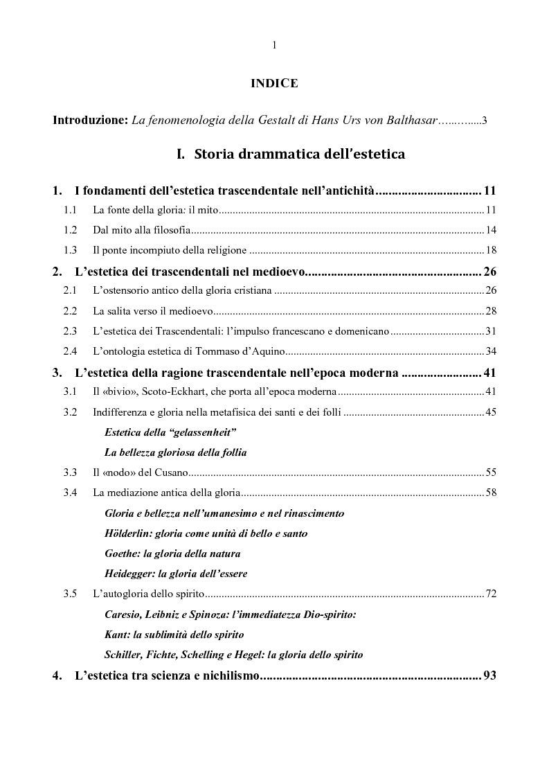 Indice della tesi: Drammatica bellezza. Estetica e storia in Hans Urs von Balthasar, Pagina 1