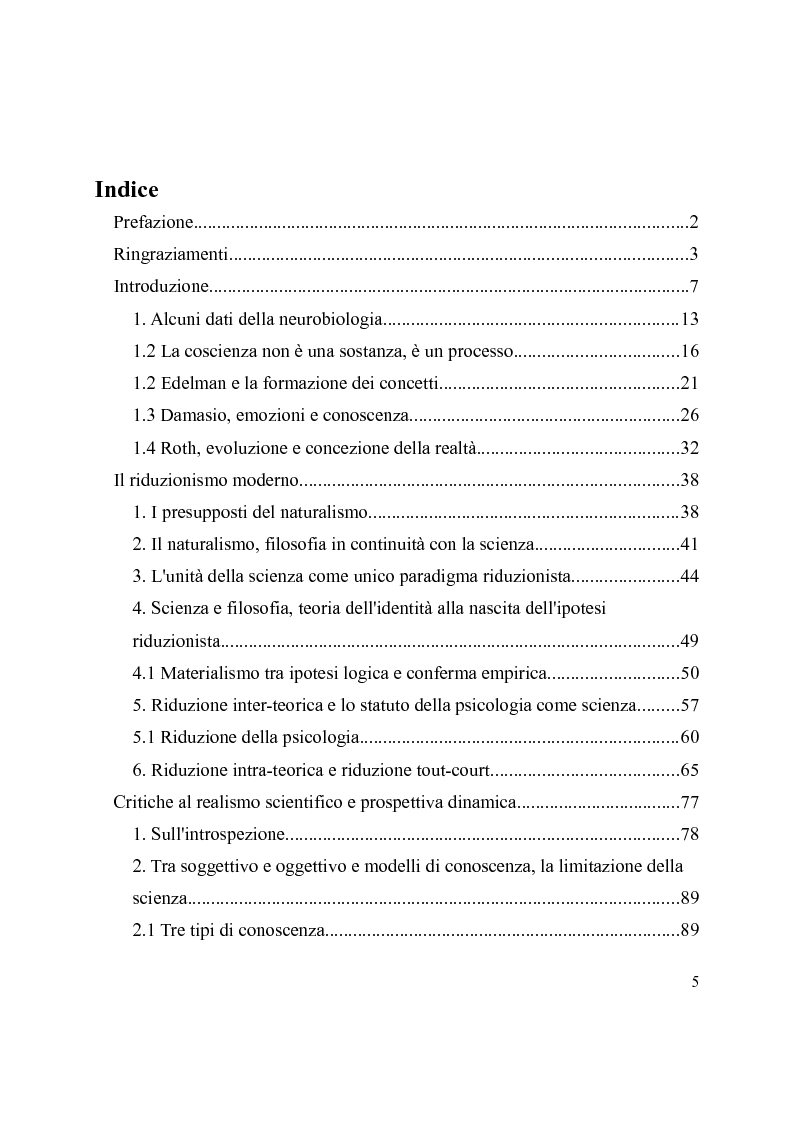 Indice della tesi: Neurobiologia e naturalismo. Una sintesi filosofica., Pagina 1