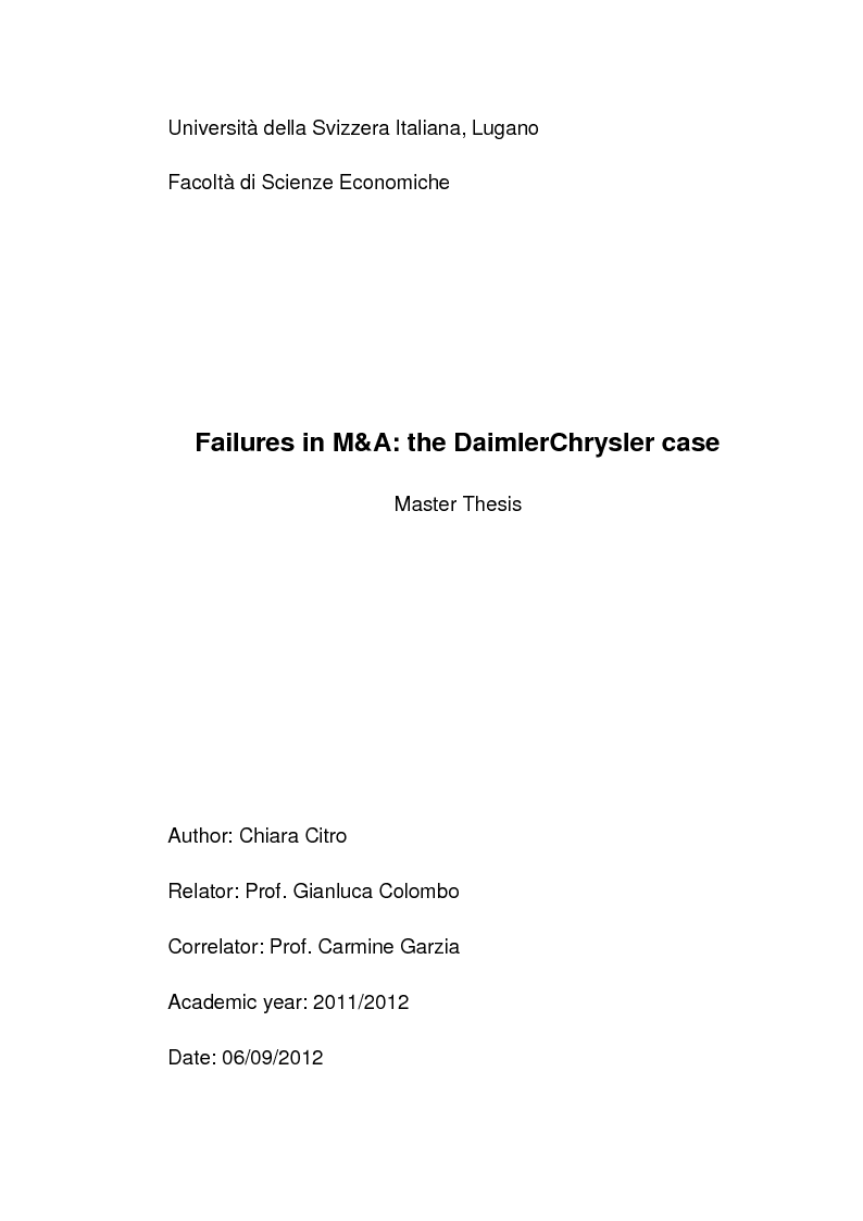 Anteprima della tesi: Failures in Mergers and Acquisitions: the Daimler Chrysler case, Pagina 1