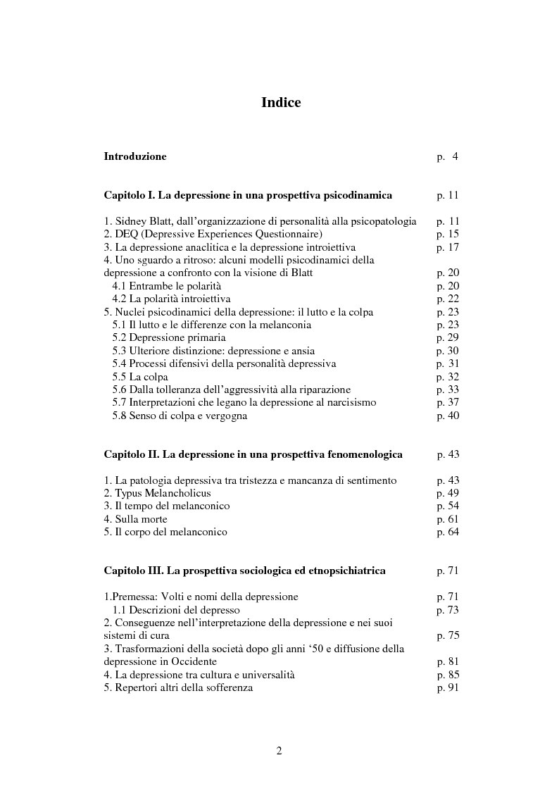 Indice della tesi: ''Spesso il male di vivere ho incontrato''. Prospettive sulla depressione a confronto, Pagina 1