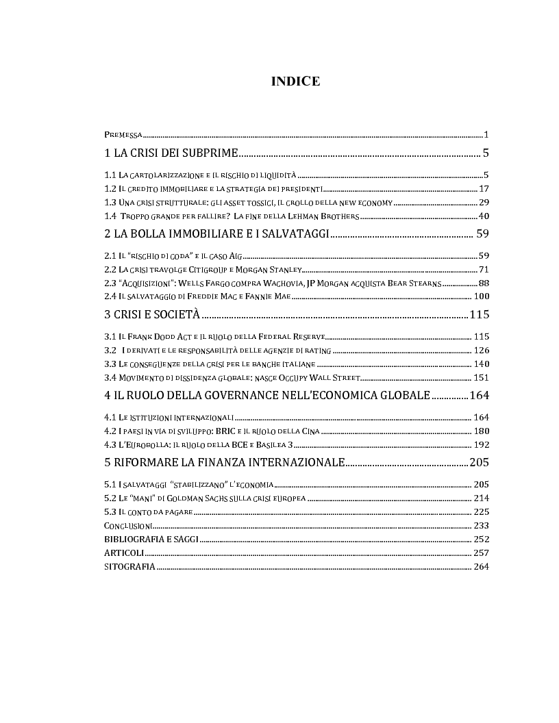 Indice della tesi: La crisi dei mutui subprime e il salvataggio delle banche americane , Pagina 1