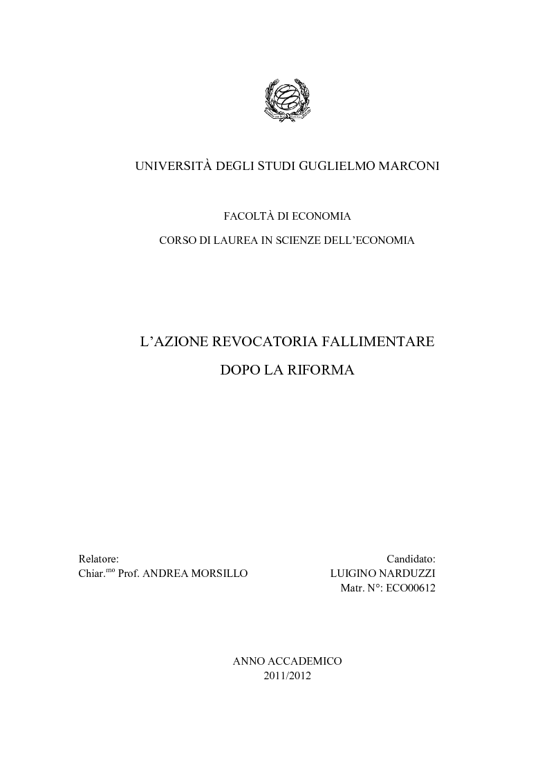 Anteprima della tesi: L'Azione Revocatoria Fallimentare dopo la Riforma, Pagina 1