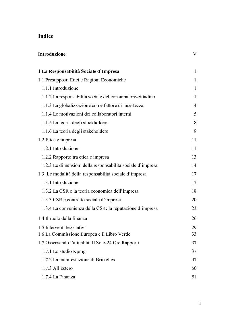Indice della tesi: Responsabilità Sociale d'Impresa e Progetto Q-RES nelle Cooperative: il caso Coop Consumatori Nordest, Pagina 1