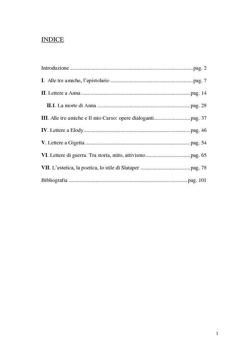 Indice della tesi: "Alle tre amiche" di Scipio Slataper, Pagina 1